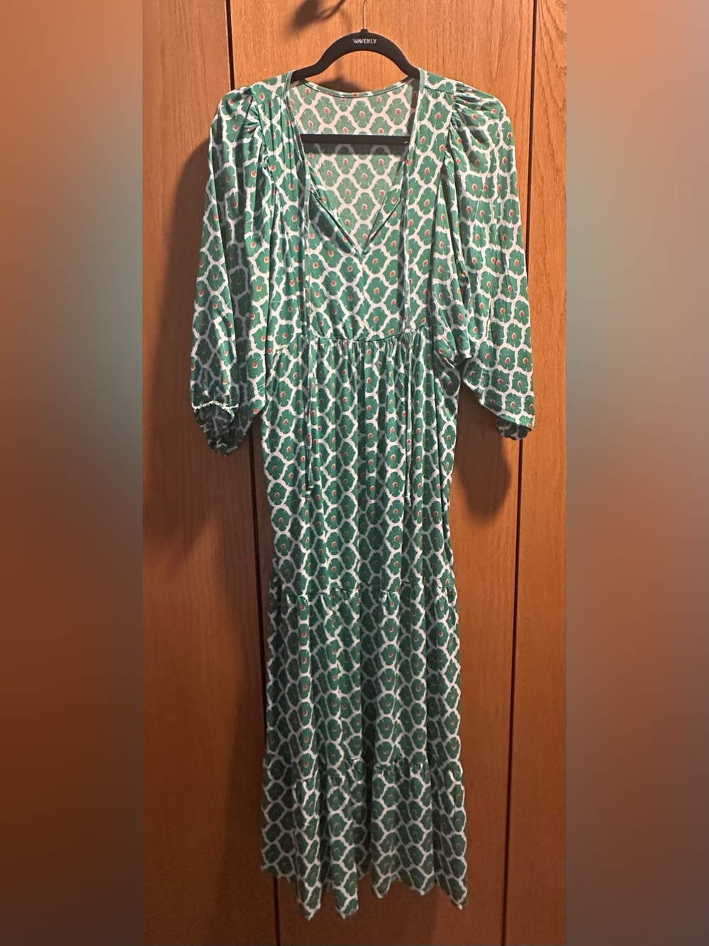 Green Geometric Midi Dress with Puff Sleeves